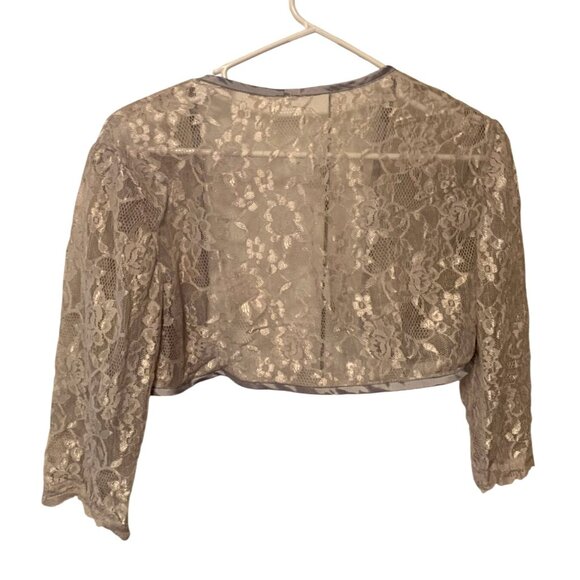 Womens Size Small Shrug open Front Jacket Silver Lace Overlay Cropped jacket Ros - Picture 3 of 3
